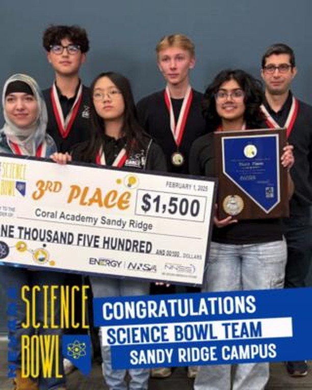 Coral Academy Shines at the Nevada Regional Science Bowl

Were thrilled to announce that the Coral Academy Sandy Ridge Campus Science Bowl team placed 3rd out of 24 teams at the Nevada Regional Science Bowl on February 2 2025 

This prestigious competition hosted by the Nevada National Security Site challenges top high school students in math physics chemistry biology and energyrelated topics Our teams incredible performance showcased their critical thinking teamwork and problemsolving skills

A huge shoutout to our talented team Vincent K Adeline K Kashmala H Kristin P and Dylan Q  

 Not only did they excel but they also outperformed all other district magnet and charter schools 
Congratulations once again Your dedication and passion for science truly set you apart We cant wait to see what the future holds for you

Your hard work and passion for science truly set you apart

We cant wait to see what the future holds for these bright minds 

Go Falcons 

Photos  httpsphotosappgoogl3c8VKG8T4dBuQS4d9

Bowl
ScienceBowl 
BestofLasVegas
CoralAcademySandyRidge
CoralAcademyofScienceLasVegas