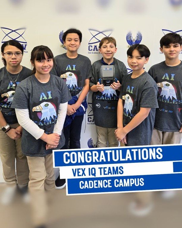 Huge Congratulations to VEX IQ Teams of Cadence Campus   

 Team 20058A  Nexus Eagle soared to success at the Throwdown at Cannon on January 18th earning the Teamwork Award and securing their spot at the Middle School State Championship Sirh Q Samuel B and Xavier C are firstyear robotics students who have worked tirelessly all season now ranking 24th in the state

 Team 20058B  AI Eagles punched their ticket to state earlier in the season winning the Teamwork Award at the OCallaghan Rapid Relay Tournament on November 16th Since then theyve continued to dominate earning three Excellence Awards and climbing to 19th in the state Team Members Madison S Ava V Randy F Alexander Z Christpher S and Ezra J

Were so proud of both teams and cant wait to see them compete at state 

Good luck Eagles 

Photos  httpsphotosappgooglYMRtqv4o9LKR5UR56

CASLV
CoralAcademy
CoralAcademyCadence
VEXIQ 
CadenceEagles 
RoboticsChampions 
RoadToState
Eagles
EaglePride
SoaringtoExcellence
ProudMoment